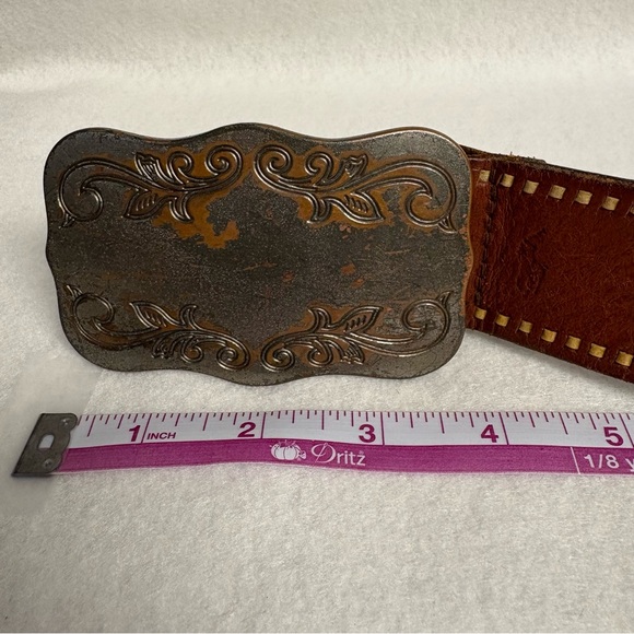 SOLD VTG Ralph Lauren Leather Belt sz S Brown Leather Embroidered Metal Plaque - Picture 2 of 14